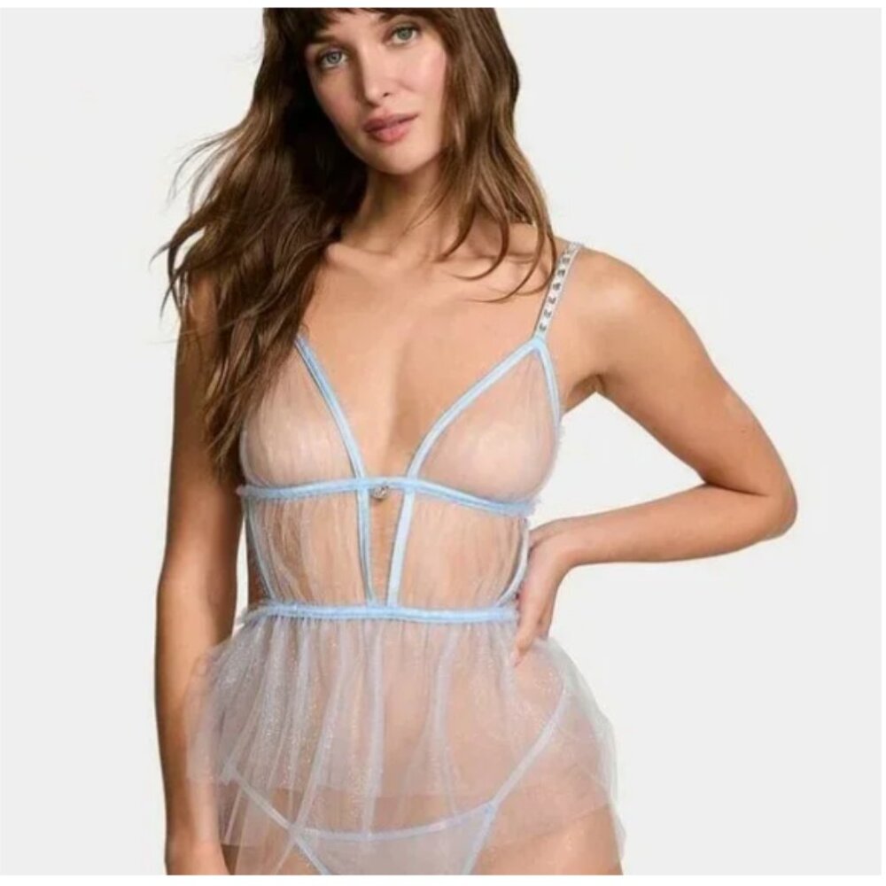 Victoria's Secret Glittery Blue Tulle Apron-Style Nightie Gown